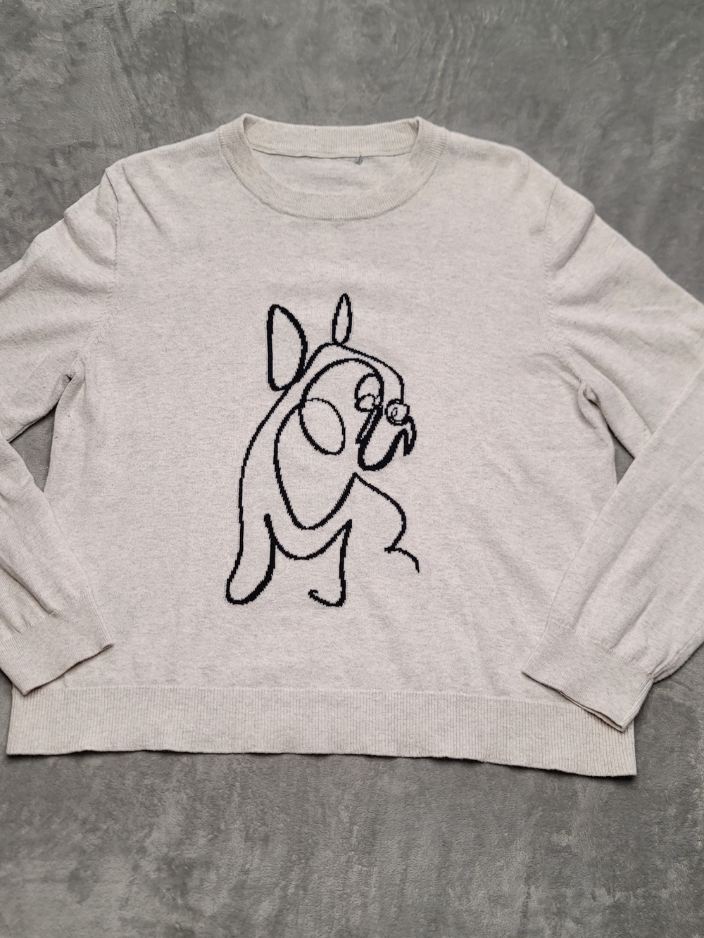 Li-Ning Wade Cotton Cashmere Frenchie Bulldog One-Line Art Knit Sweater Cream M